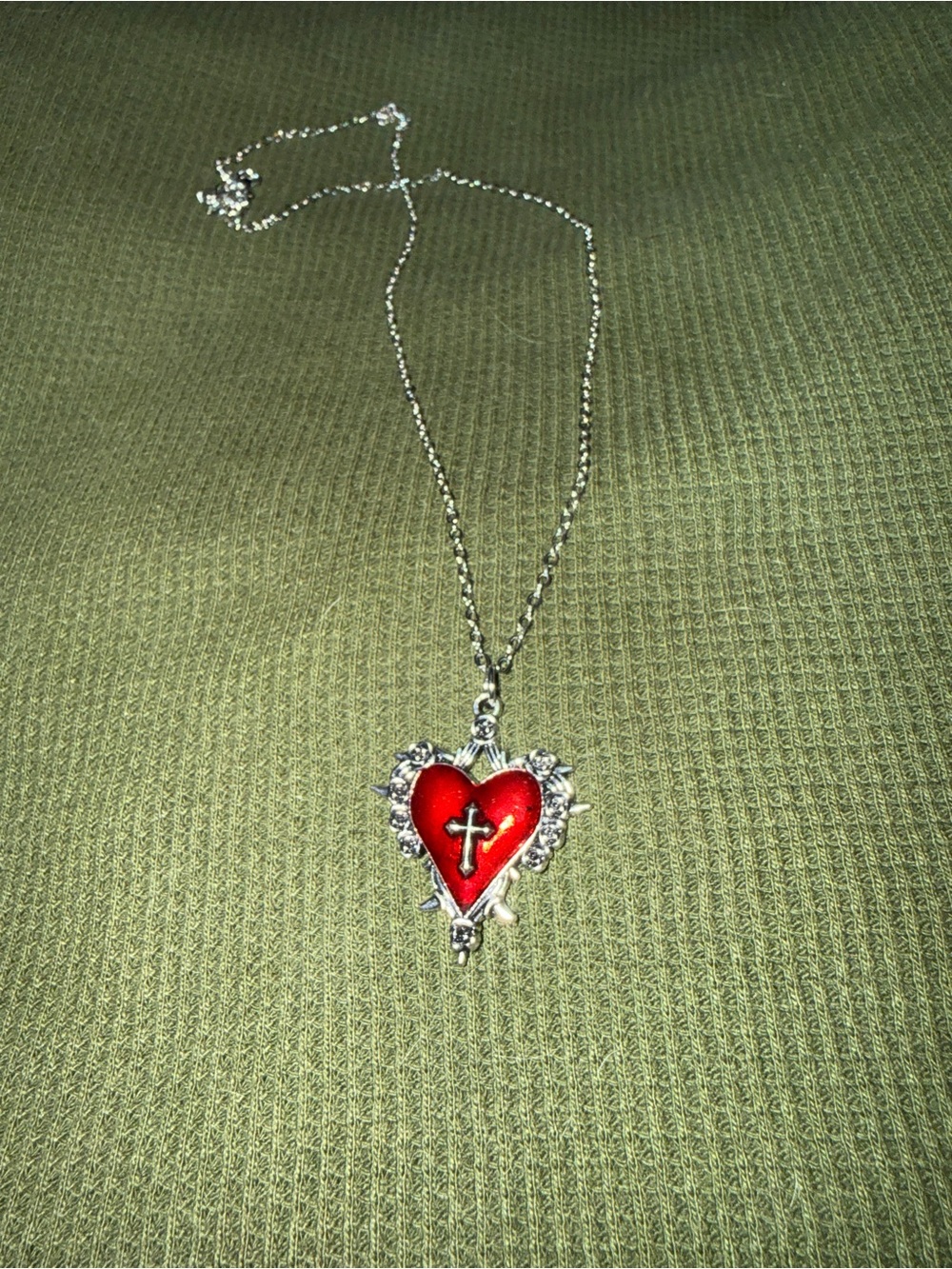 Silver Heart Pendant Necklace with Red Enamel and Cross Accent
